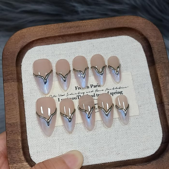 10Pcs Handmade Press On Nails Medium Almond With Tools,Gold Flange French Tip Fake Nails with Iri... | Amazon (US)