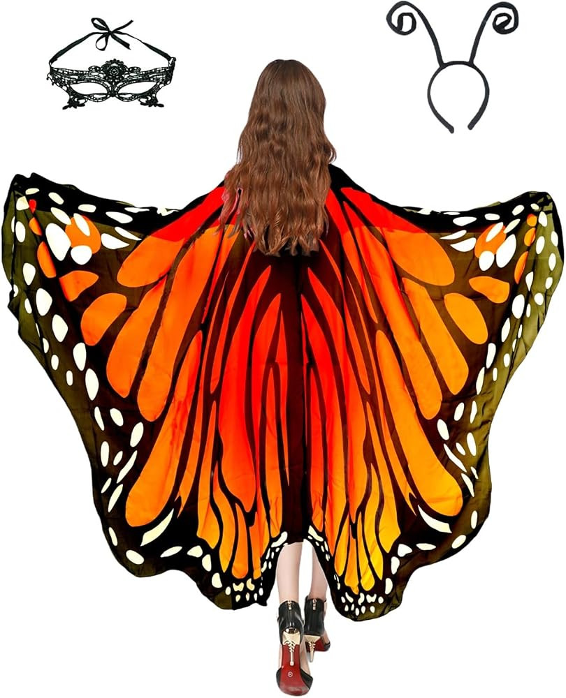 Adult Butterfly Costume Women Monarch Butterfly Wings Cape Shawl Halloween 3Pcs Mask Hairband | Amazon (US)