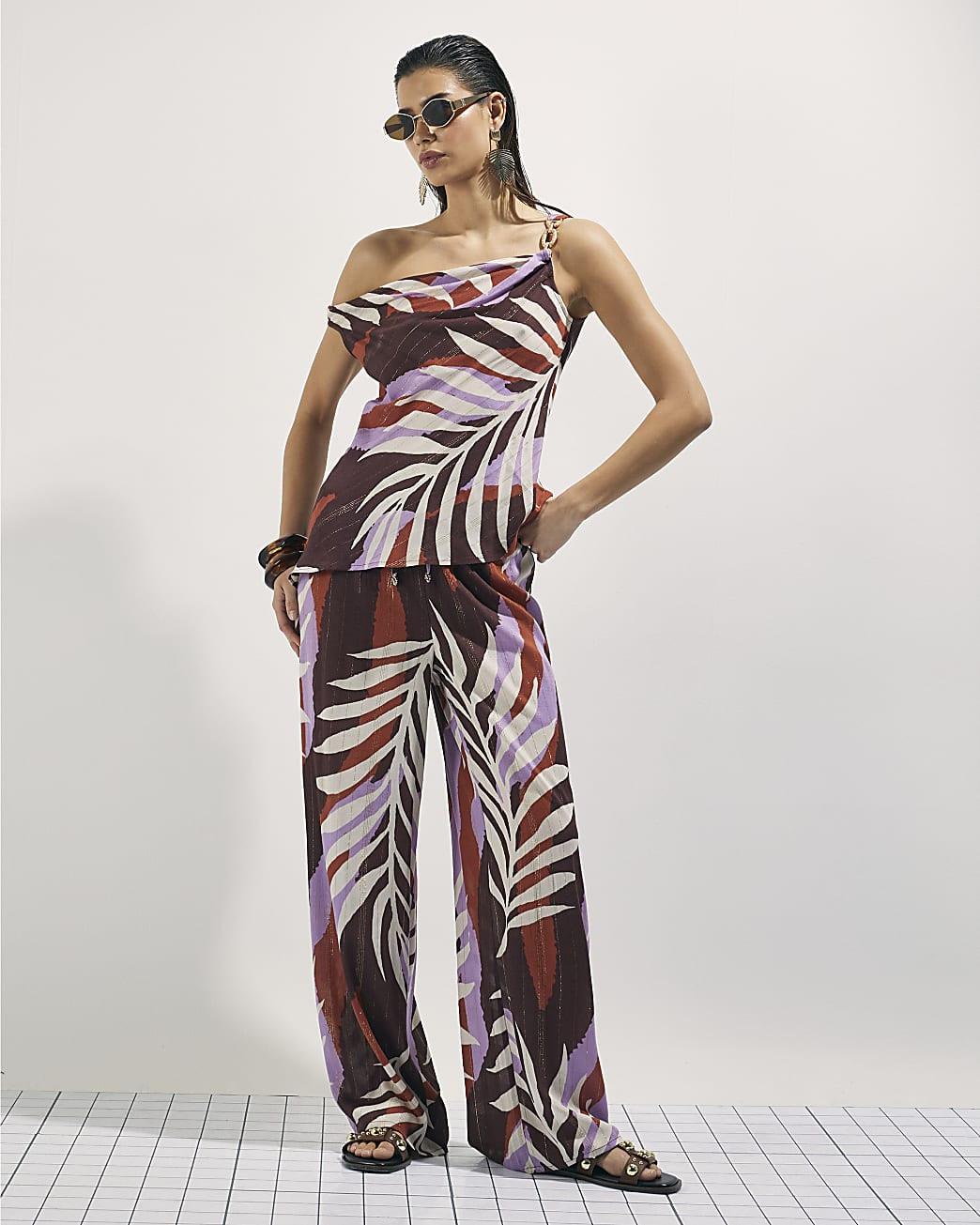 Brown Leaf Print Wide Leg Trousers | River Island UK & IE