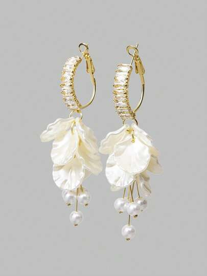 Ontre 18k Gold-Color Flower Pattern Faux Pearl Tassel Earrings - Size one-size | SHEIN