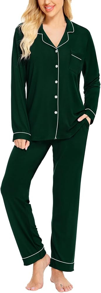 SWOMOG Womens Pajamas Set Long Sleeve Sleepwear Button Down Nightwear Soft Cotton Pj Lounge Sets | Amazon (US)