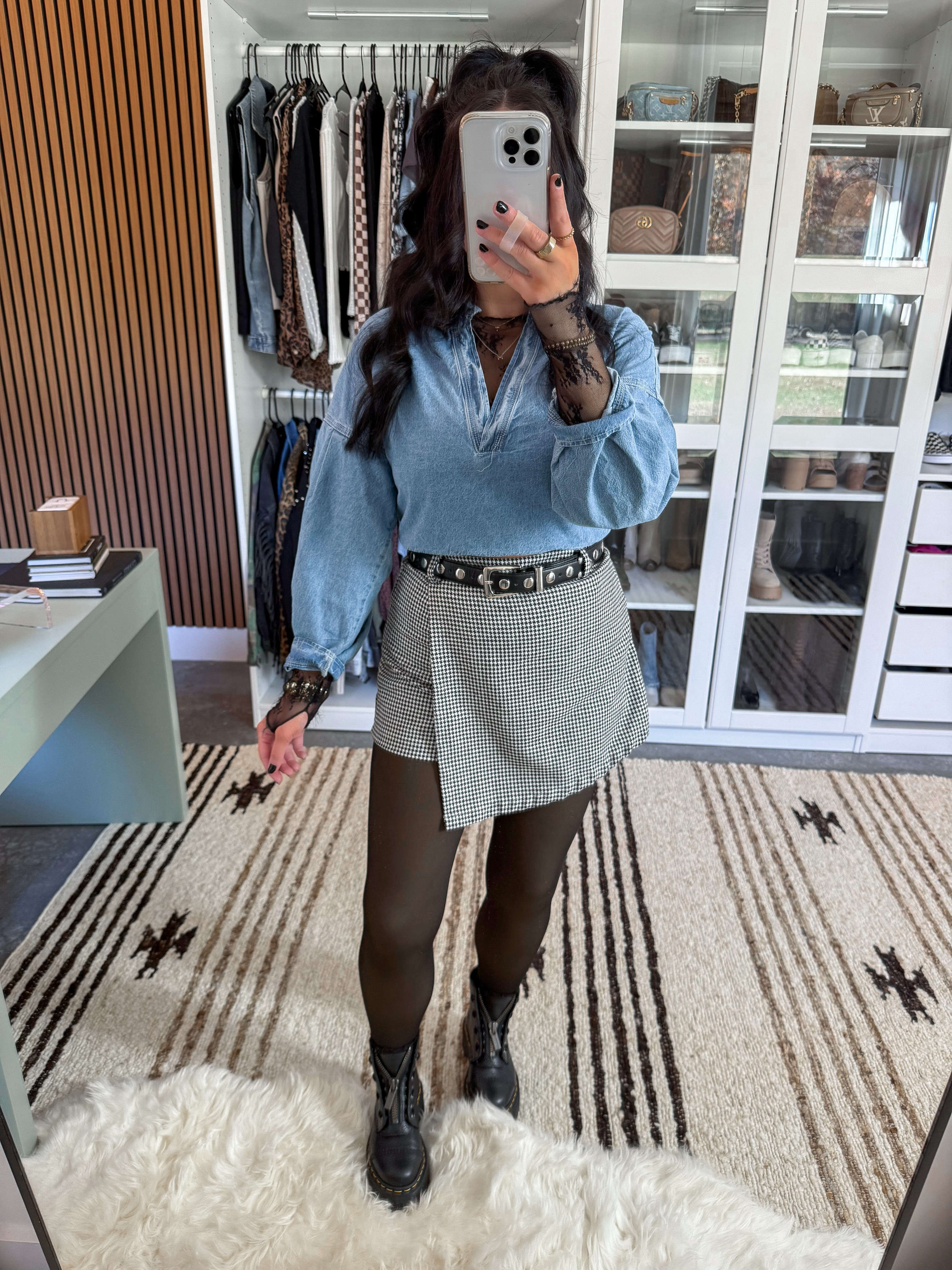 Edgy Winter OOTD 🖤

Denim Top - small (light blue option)
Lace Top - xs
Skort - small 
Tights - small/medium (thin fleece option)
Belt - 27-31
Bralette - medium

Love this edgy yet elevated look for winter! Layered this denim pullover over my all time favorite black lace long sleeve top. Paired them with this black and white mini skort, added this black and silver studded belt & finished the look with these fleece lined tights (a total winter must have 👏🏼) & my platform docs!

 

 #LTKCyberWeek #LTKootd #LTKSaleAlert