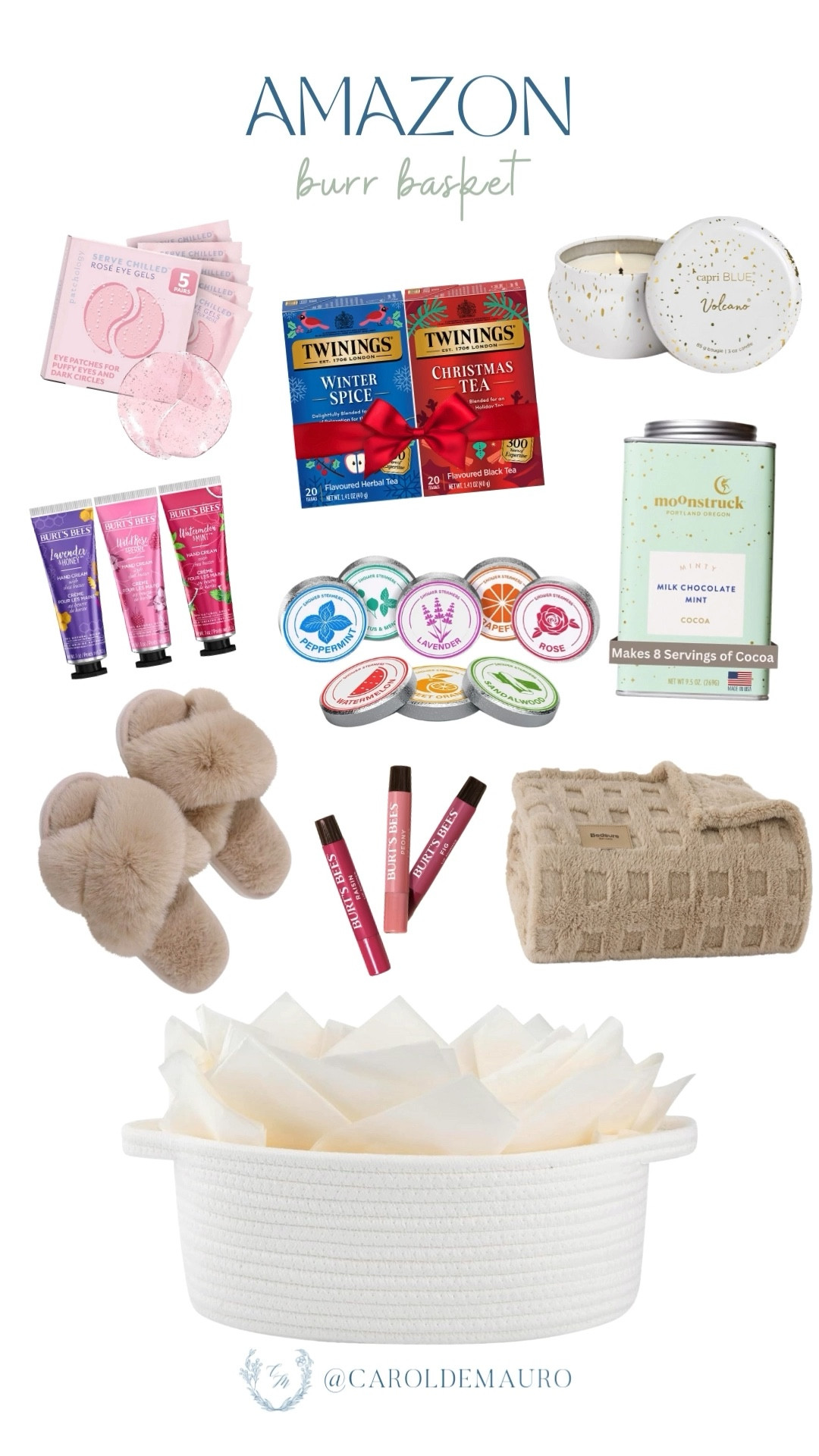 Put together the ultimate cozy basket filled with items like Twinings Holiday Teas, Moonstruck Minty Cocoa, and those fluffy slippers to stay warm this winter. Think how much you'll love sinking into the couch with a good book and all these cozy treats!

amazon finds, burr basket, creative gifts, skincare products, spa day essentials, pamper finds, cozy living, affordable gifts

#LTKU #LTKSeasonal #LTKFindsUnder50
