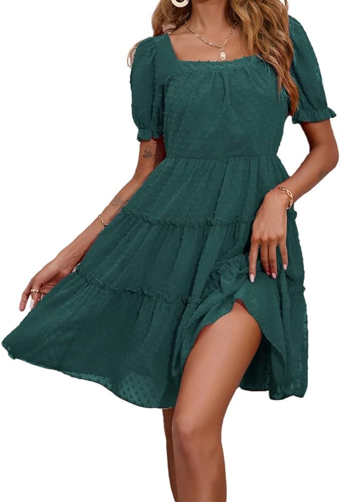 Fesier Women Swiss Dot Square Neck Flowy Mini Dress Short Sleeve High Waist Tunic Ruffle Layer Chiff | Amazon (US)