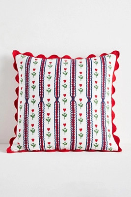 Valentine's Day Cotton Embroidered Stripe Scallop Pillow | Anthropologie (US)