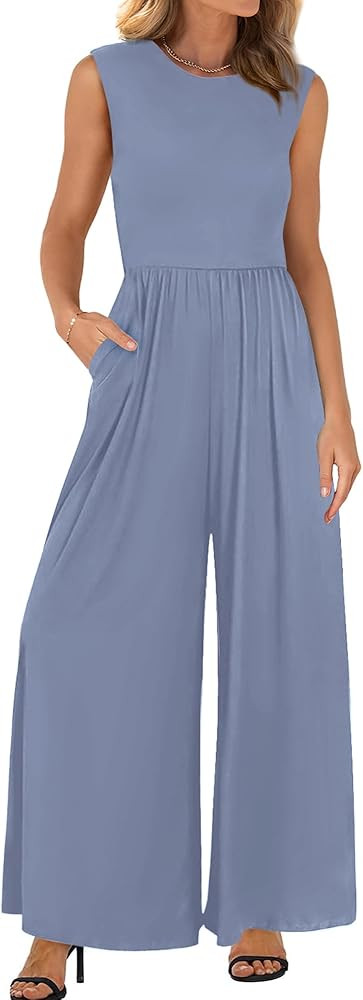 BTFBM Womens Casual Jumpsuits Dressy 2025 Summer One Piece Outfits Crew Neck Sleeveless Knit Wide... | Amazon (US)