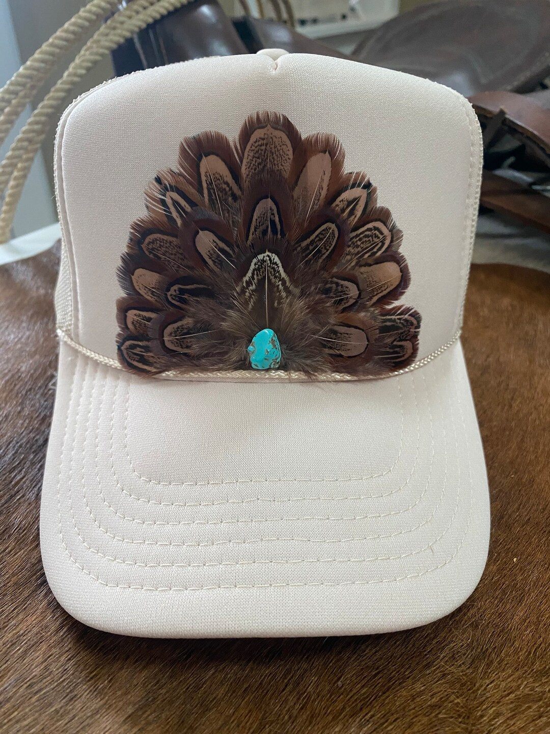 Feather Trucker Hat in TAN - Etsy | Etsy (US)