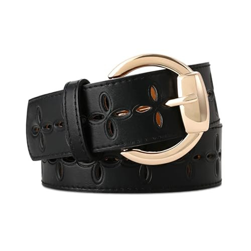 RISANTRY Women's Black Leather Belt with Gold Buckle Hollow Women's Belt Stylish Accessory for Dresses Skirts Jeans | Amazon (US)