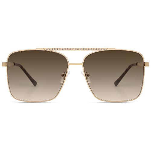 SOJOS Trendy Aviator Sunglasses Womens Oversized Retro Rhinestone Double Bridge Square Women Shades SJ1195 Gold Frame Coffee Lens | Amazon (US)