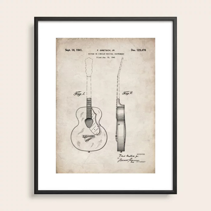 Acoustic Guitar Patent - Classical Guitar Art - Antique Framed Art Print | Society6
