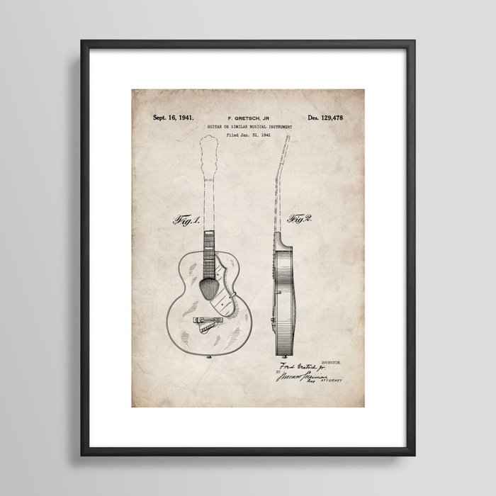 Acoustic Guitar Patent - Classical Guitar Art - Antique Framed Art Print | Society6