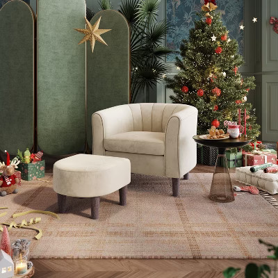 Accent Chair with Ottoman, Velvet Barrel Chair for Living Room Beige 26.8"D x 31.7"W x 26.8"H | Target