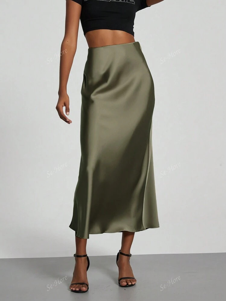 Se-Hore Fashion Elastic Satin Texture Midi Skirt For Women | SHEIN