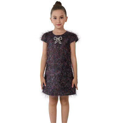 2Bunnies Girls 3T-10yr Christmas New Year's Girls Metallic Tinsel Rhinestone Bow Dress Black 3T | Target