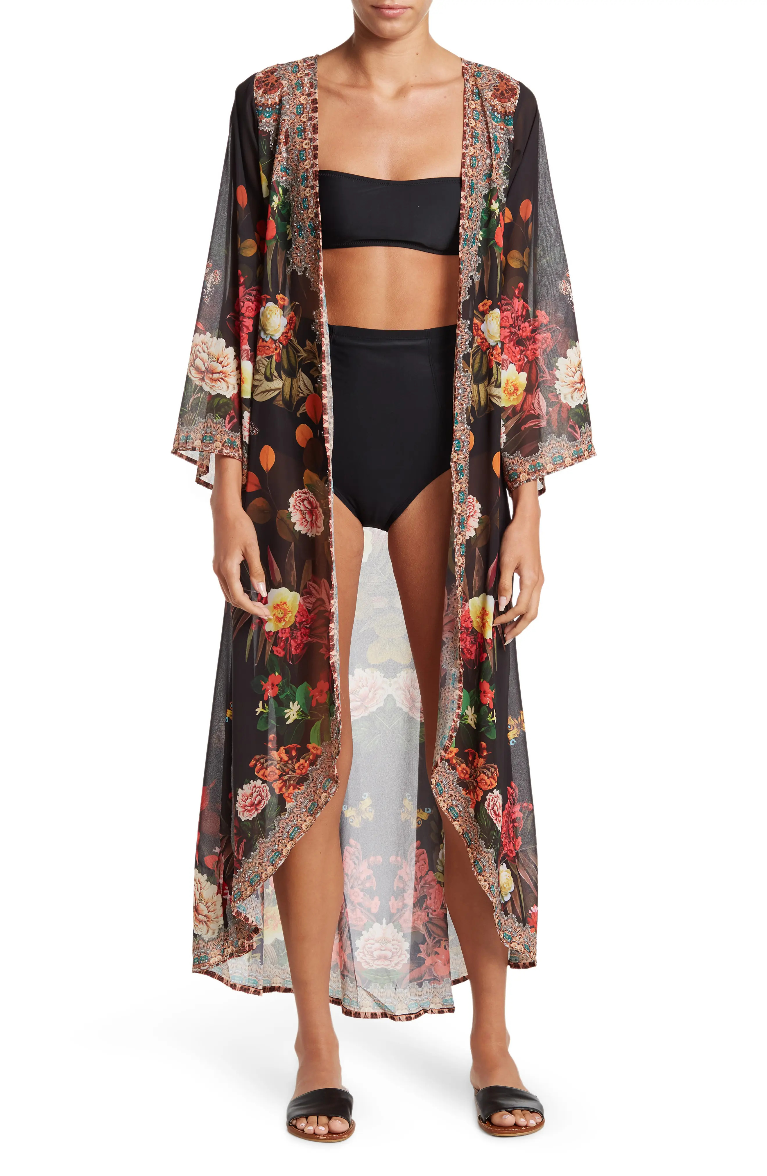 RANEES Floral Print Cover-Up Long Duster in Black at Nordstrom Rack | Nordstrom Rack