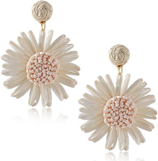 Boho Raffia Flower Earrings - Cute Sunflower Raffia Rattan Drop Earrings for Women Girls - Trendy... | Amazon (US)