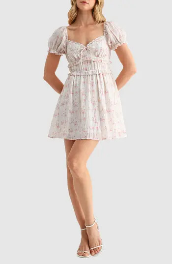 All in Favor Floral Print Puff Sleeve Smocked Minidress in Cream Pink at Nordstrom Rack, Size X-Large | Nordstrom Rack
