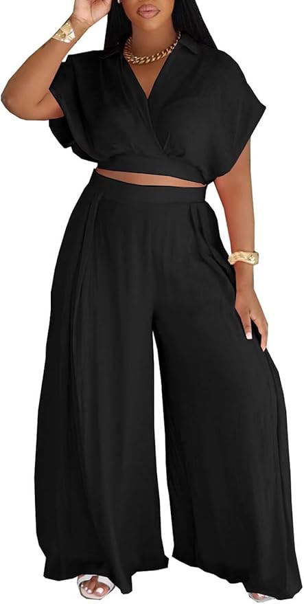 KEYUFANG Women's Summer 2 Piece Outfits Wrap V Neck Crop Top and Wide Leg Pants Sets Casual Vacat... | Amazon (US)