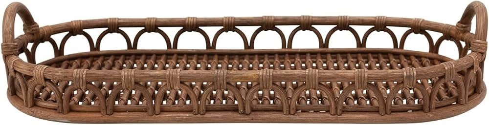 Hand-Woven Rattan Tray with Handles Brown Textured Oval Bamboo 1 Piece Handmade | Amazon (US)
