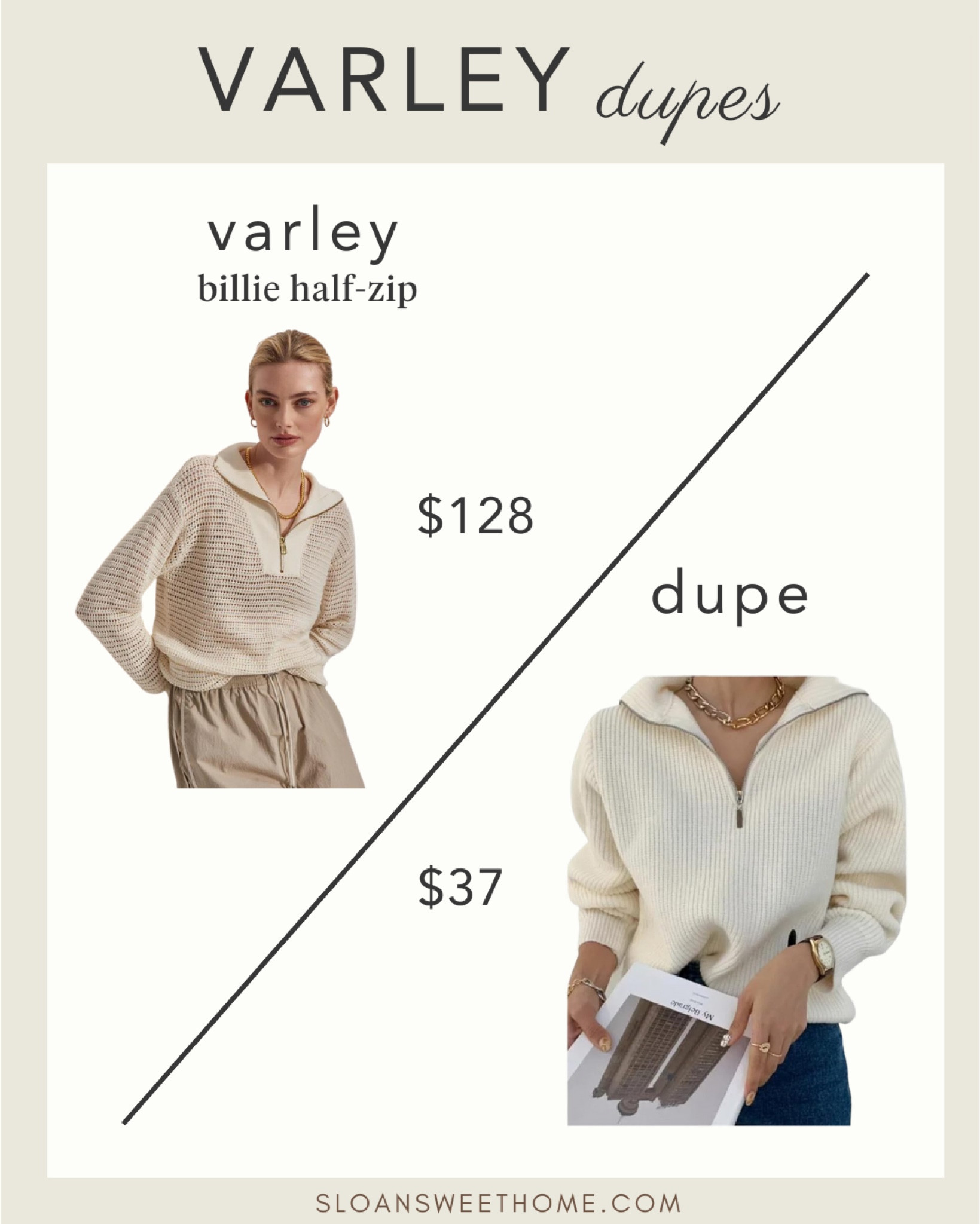 Here are some amazing Varley dupes!  I love the luxury look of Varley, but not the expensive price.  These dupes look so similar to the original Varley, yet at a fraction of the cost.  You will be able to buy a lot of stylish pieces at these affordable prices.  Check out my other Varley dupe posts--I have 10 of them!

Varrley dupe
Varley sweater dupe
Varley sweatshirt dupe
Varley pants dupe
High end clothing 
Casual clothing 
Travel outfit 
Running errands outfit 
activewear
Look for less
splurge vs save
varley clothing 
varley sale
varley sweatshirt
varley sweater
varley leggings 
half-zip sweatshirt 
active apparel 
activewear
spring fashion
spring style
athleisure
elevated wardrobe 
luxury activewear 
mom style
casual style
athletic wear
summer style
designer looks for less
women's fashion
capsule wardrobe
#fashiondupes
#activewear
#looksforless


#LTKActive #LTKtravel #LTKworkwear