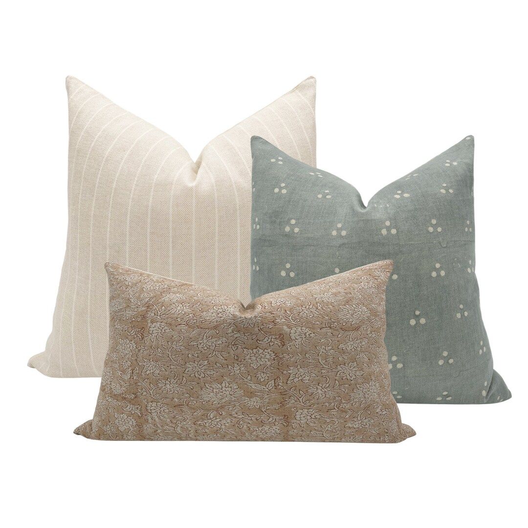 PILLOW COMBO || Set Of Three Designer Pillow Covers, Cream Striped Pillow, Blue Gray Dot Linen Pi... | Etsy (US)