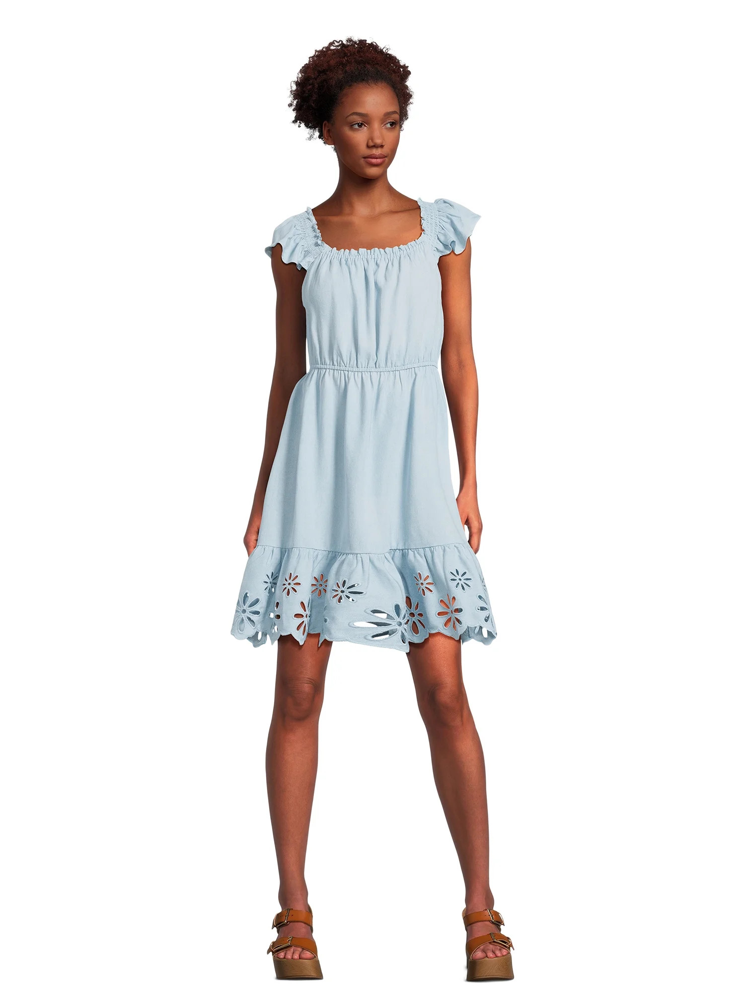 Time and Tru Women's Square Neck Eyelet Trim Mini Dress, Sizes XS-XXXL | Walmart (US)