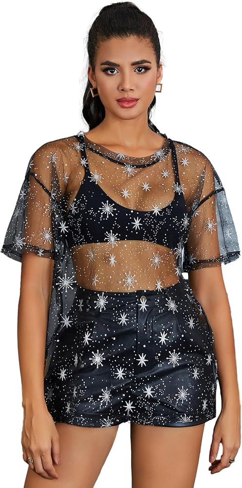 WDIRARA Women's Glitter Sheer See Through Short Sleeve Mesh Top Tee Blouse | Amazon (US)