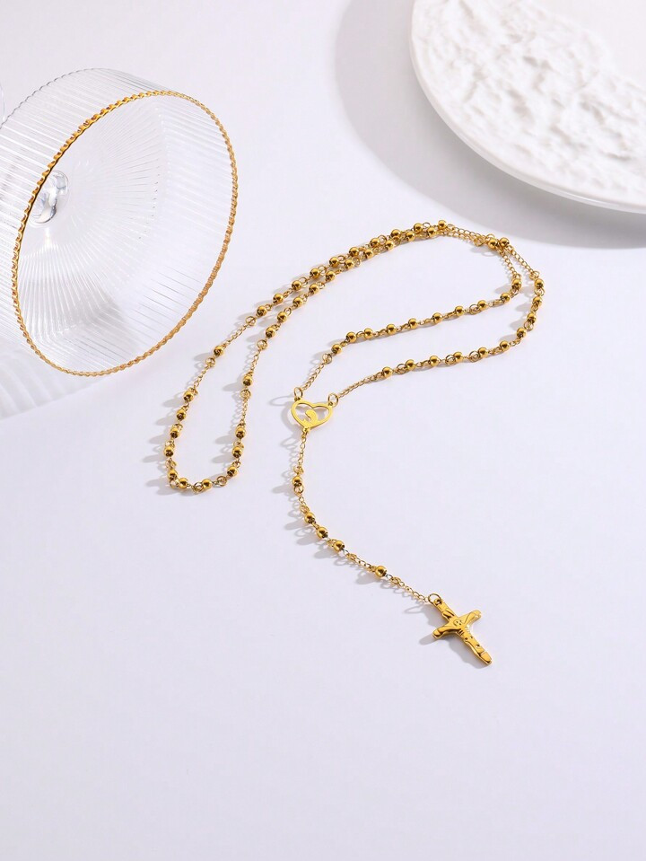 1pc Stainless Steel Golden Jesus Cross Pendant Long Beaded Chain Necklace For Men And Women(Unise... | SHEIN