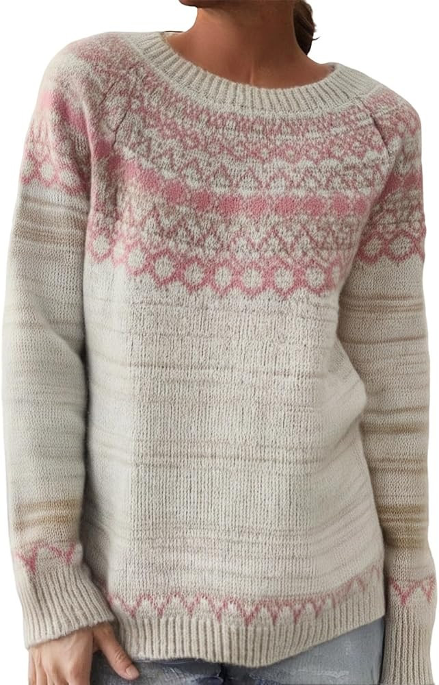 Sweaters For Women Fall Sweater Fair Isle Vintage Crew Neck Plus Size Knit Tops Y2K Women'S Cloth... | Amazon (US)