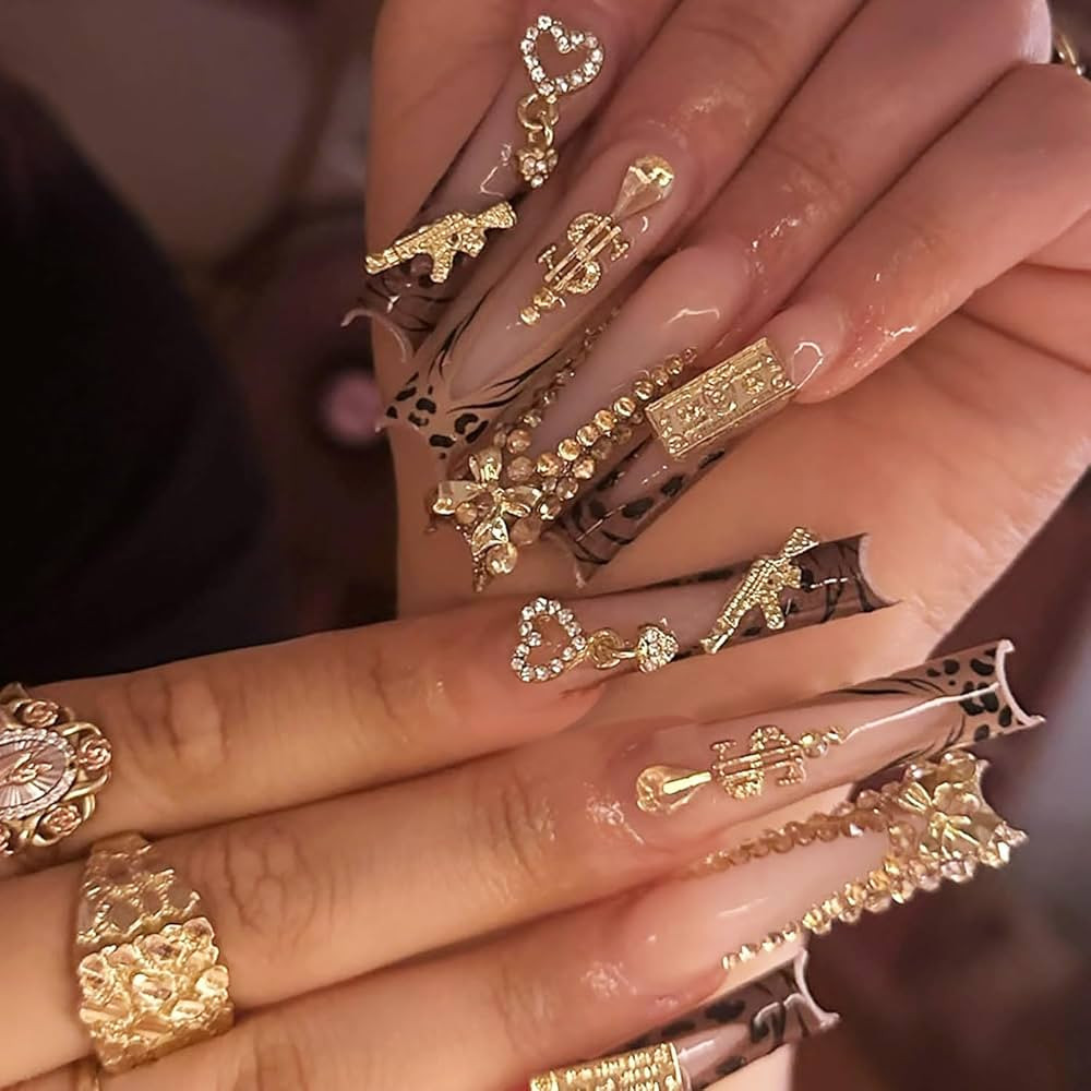 Press on Nails Long Coffin Shaped Acrylic Glossy Full Cover Long Square French False Nails with D... | Amazon (US)