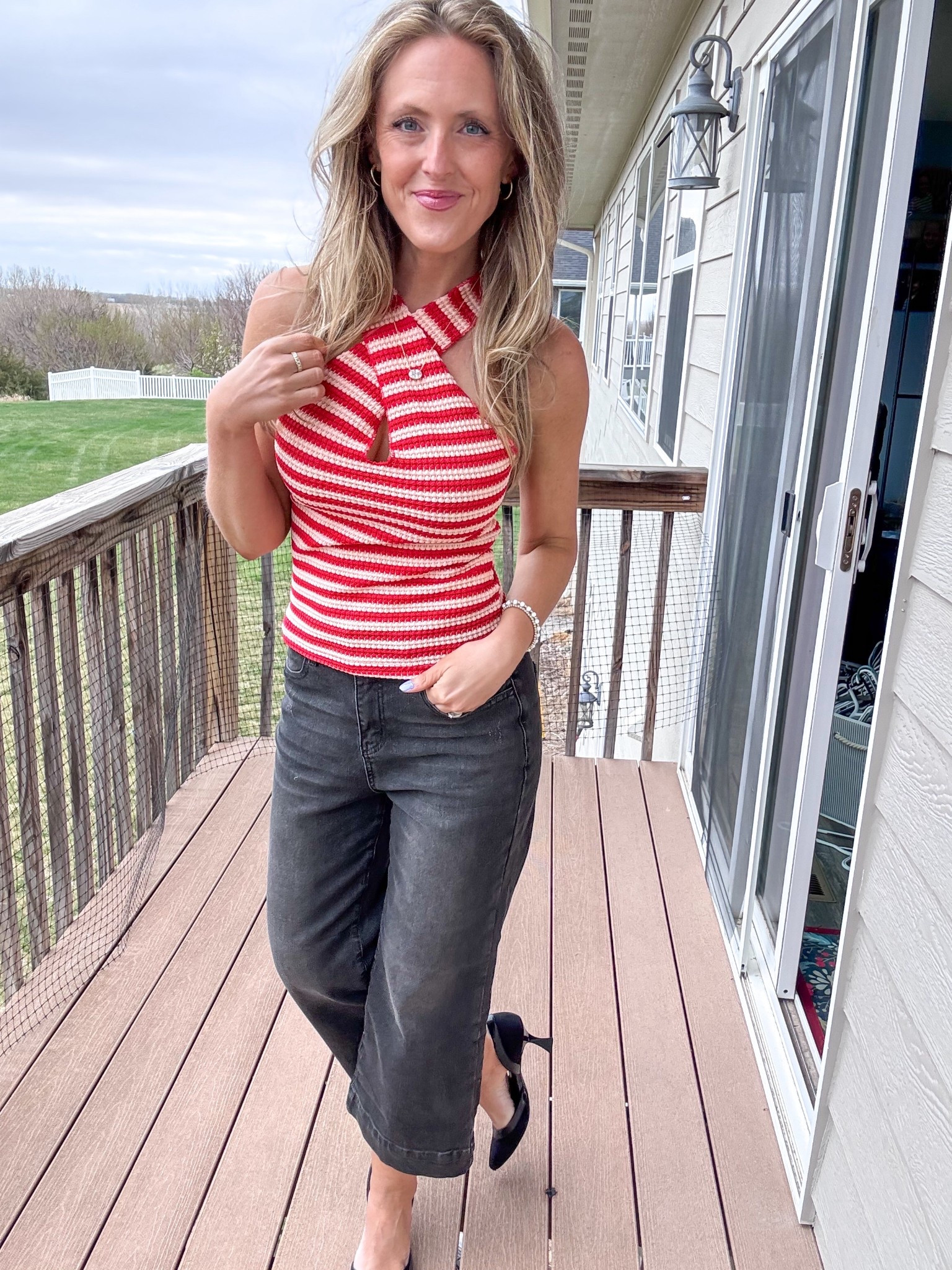 This red striped crochet style halter top is so stinkin’ cute! ❤️ Such a cute top for the spring and summer! Wearing a small. And wearing these black cropped jeans on repeat! Wearing a size 4. 

As an Amazon Influencer I earn commission on qualifying purchases.

Red striped top, mom style, spring fashion 2026, black denim, black heels, date night outfit inspo 

#LTKootd #LTKMidsize #LTKOver40