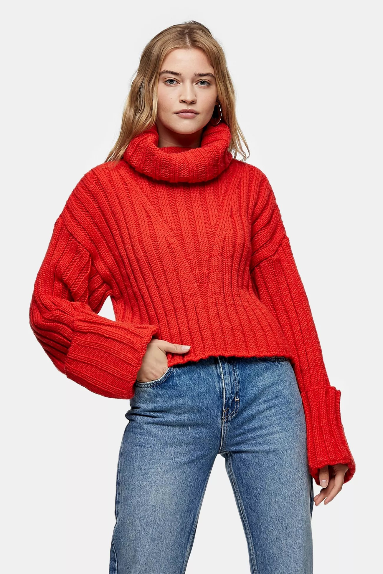 Orange Red Turnback Cuff Knitted Jumper | Topshop UK