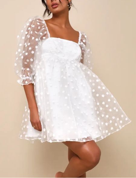 Shop babydoll dresses! The Effervescent Charm White Organza Floral Babydoll Mini Dress is under $100.