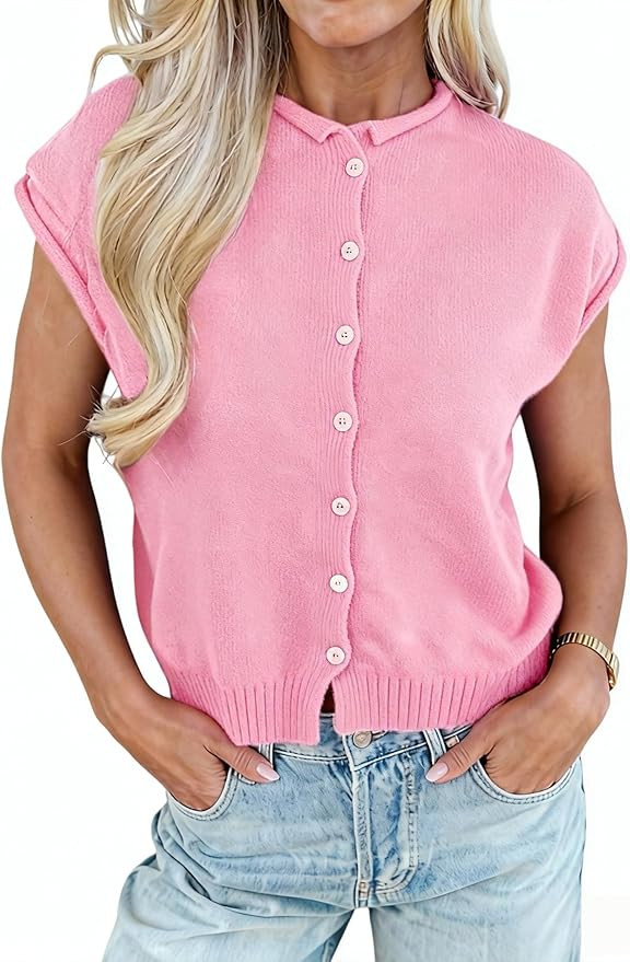 Womens Rolled Cap Sleeve Knit Top Button Up Summer Lightweight Sweater Cardigan | Amazon (US)