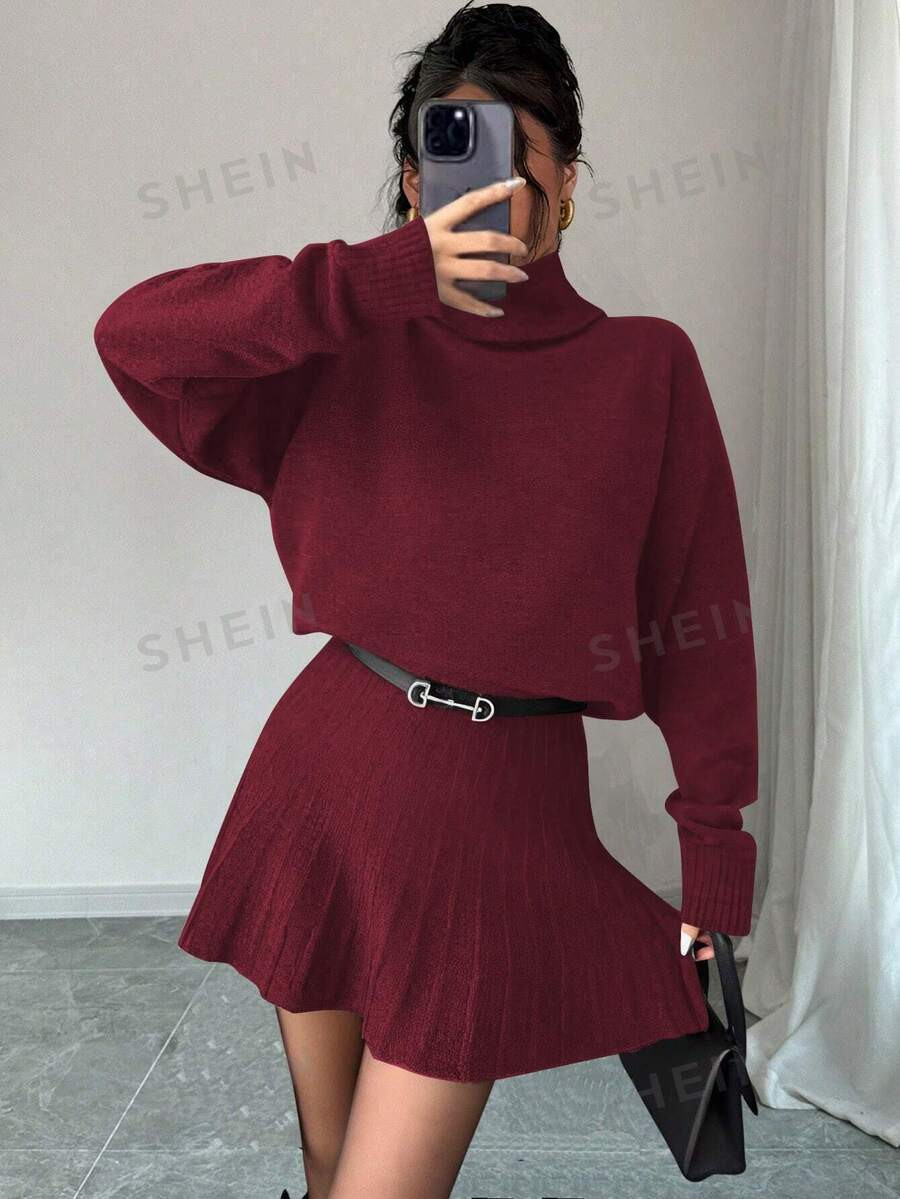 SHEIN Privé 2pcs/Set Solid Color Loose Casual Pleated Skirt And Turtleneck Sweater Suit | SHEIN