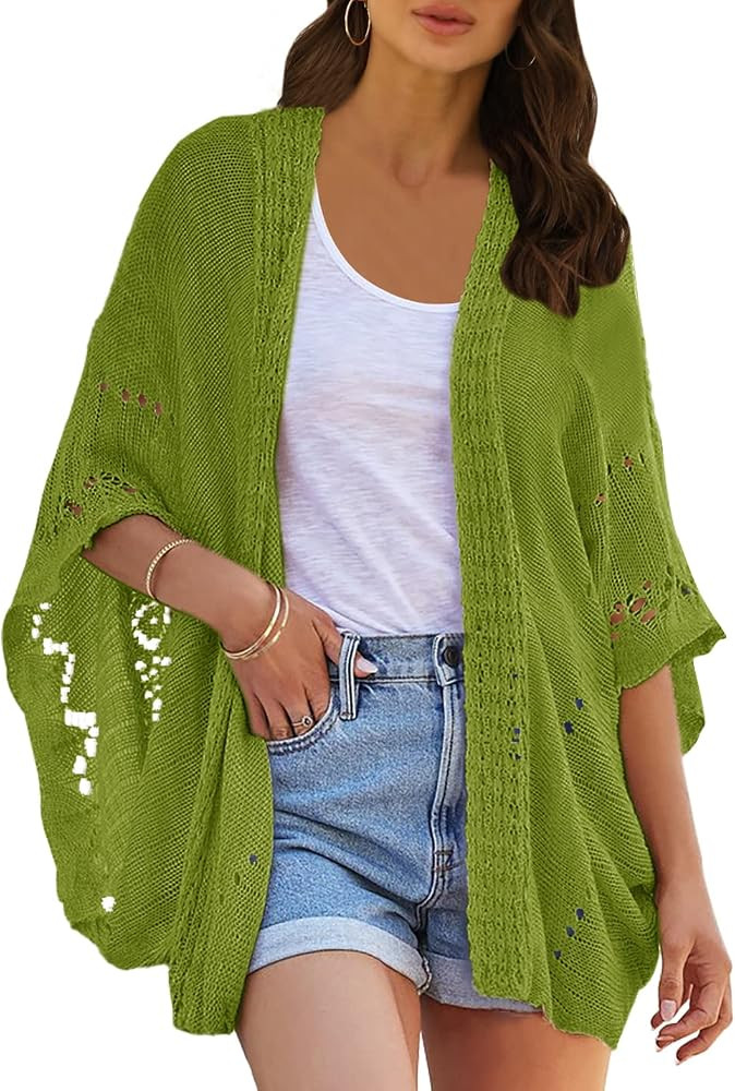 Ermonn Crochet Cardigan Sweaters for Women Open Front Kimono Batwing Sleeve Plain Casual Lightwei... | Amazon (US)