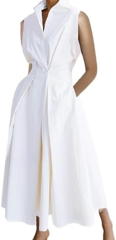 Cotton Linen Shirt Dress for Womens Pleated Button Long Dress Sleeveless A-line Loose Swing Dress... | Amazon (US)