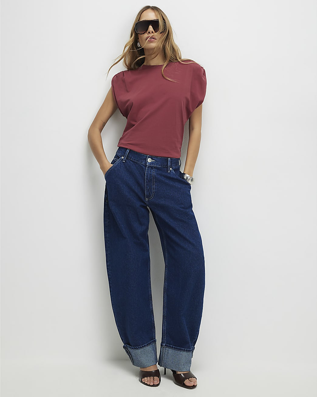 Red Premium Ruched Shoulder T-shirt | River Island UK & IE