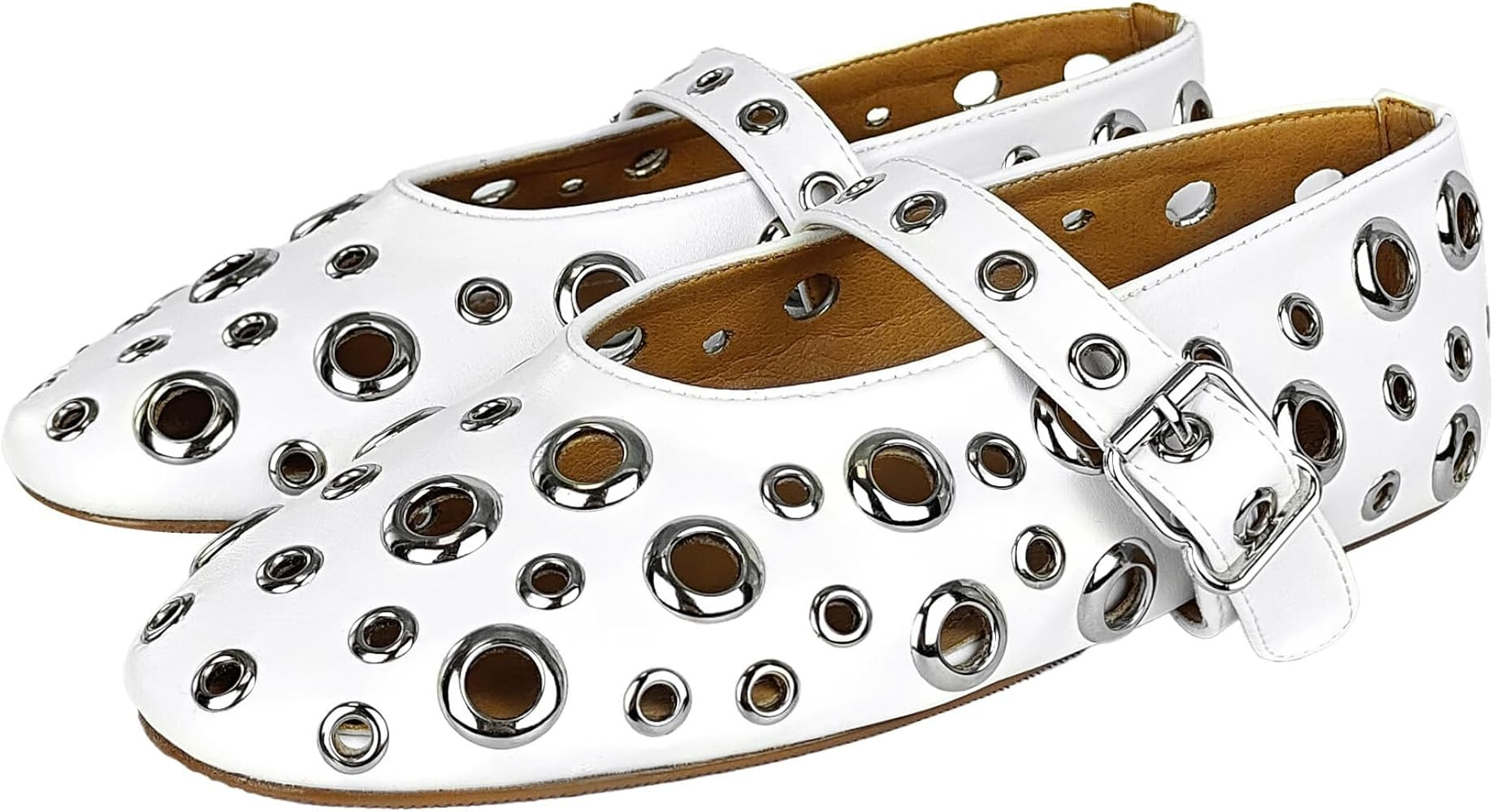 Ballet Flats for Women Metal Buckle Strap Perforated Mary Jane Comfortable Ballerina Flat Shoes | Amazon (US)