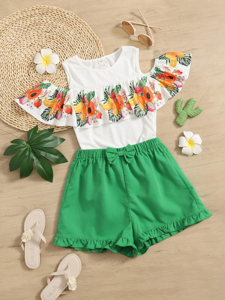 SHEIN Teen Girls Tropical & Fruits Print Cold Shoulder Tee And Bow Front Ruffle Hem Shorts | SHEIN