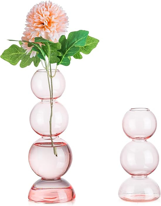 Amazon.com: Glasseam Pink Vase for Flowers, Cute Handmade Glass Vase Set of 2, Aesthetic Small Bu... | Amazon (US)
