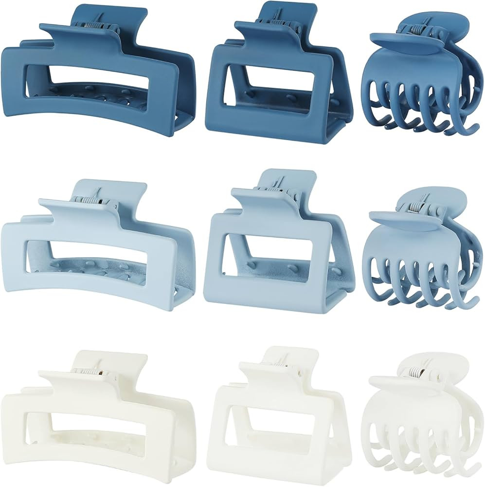 CHANDAT 3 Style Blue Hair Claw Clips Set - 9 pcs Medium Rectangle and Square Clips for Thick and ... | Amazon (US)