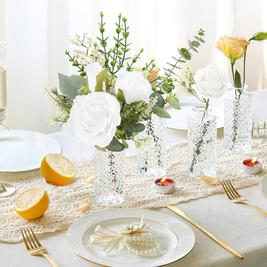 HOHOTIME Artificial Flowers with Vase, Mini Faux Silk Roses Fake Flowers in Vase for Centerpiece ... | Amazon (US)