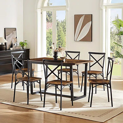 7-Piece Dining Table Set with 6 Chairs, Dining Room Table with Metal Frame & MDF Board | Wayfair North America