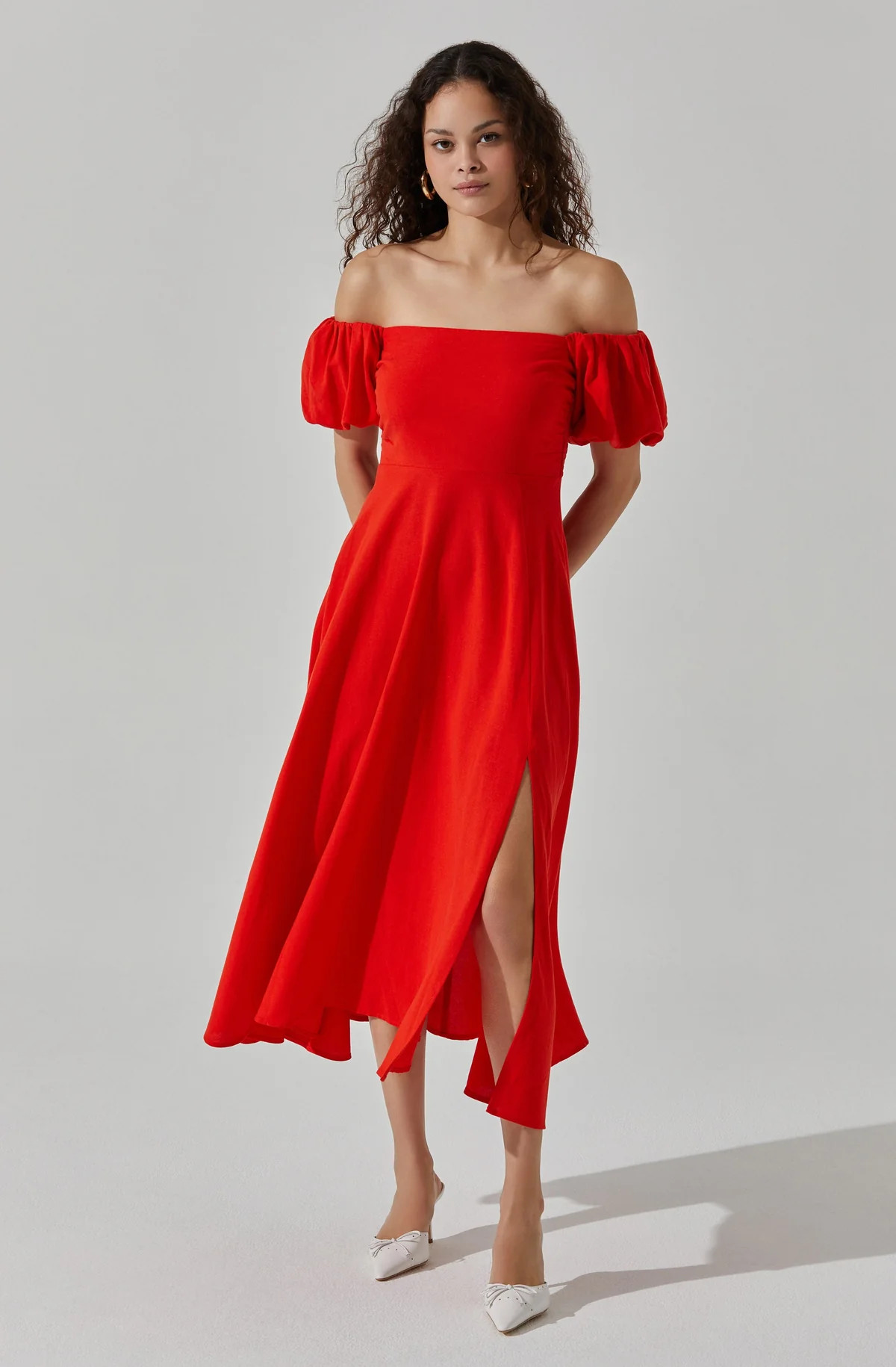Off Shoulder Puff Sleeve Midi Dress | ASTR The Label (US)