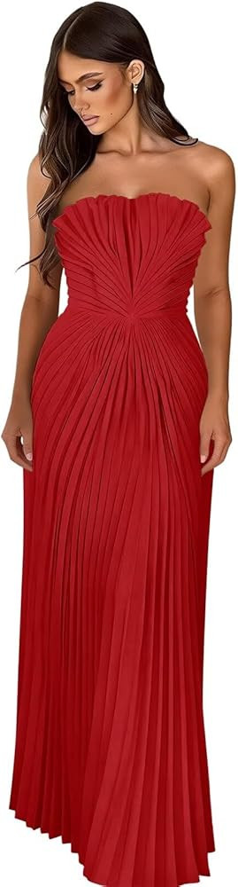 SoDigne Strapless Pleated Long Prom Dresses for Women A Line Corset Satin Classic Wedding Guest D... | Amazon (US)