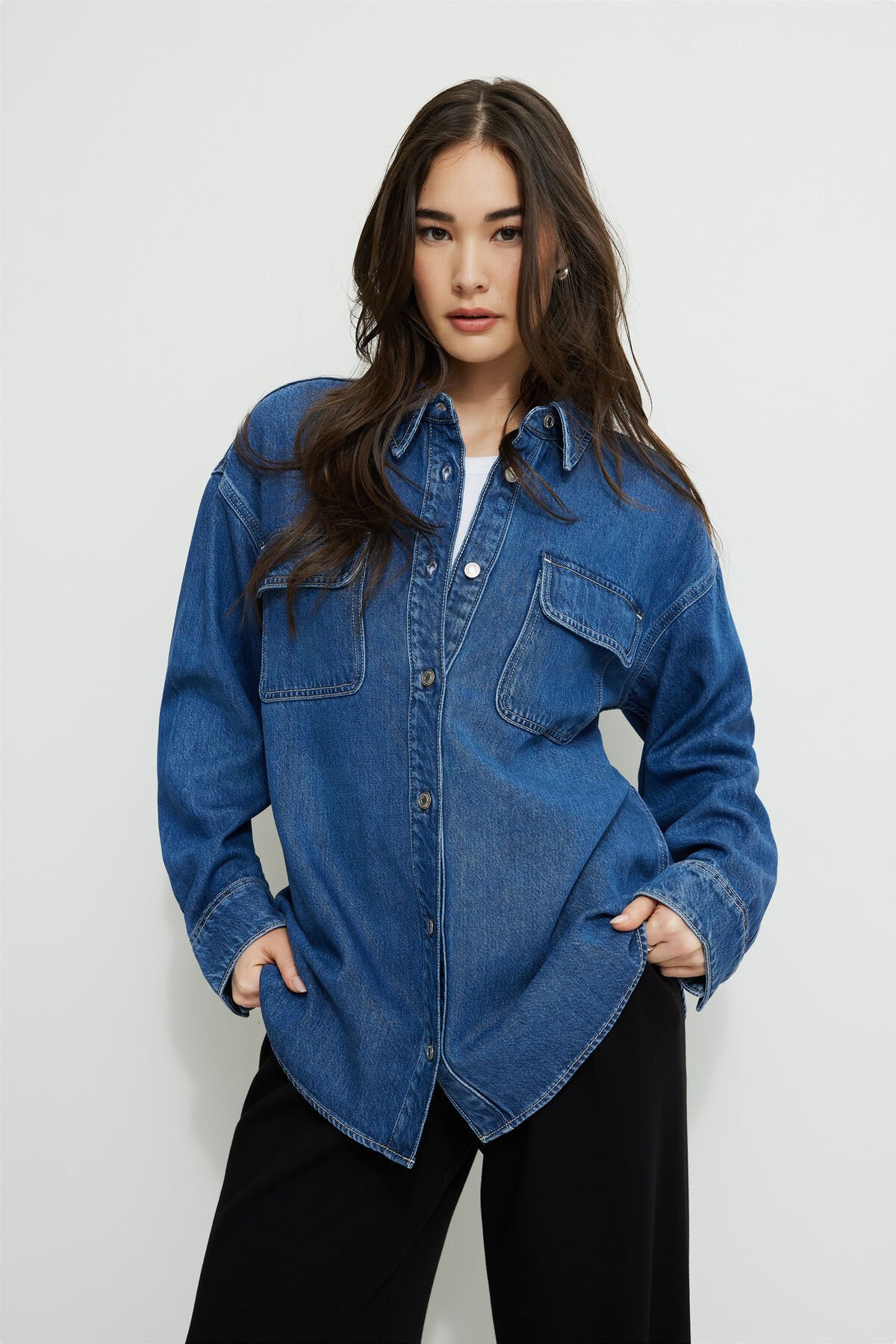 Oversized Tencel™ Denim Shirt | Dynamite Clothing