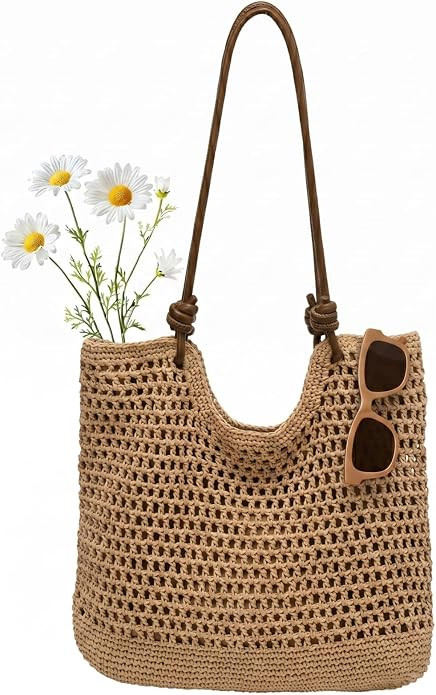 JANSBEN Handwoven Crochet Beach Bag for Women Cotton Rope Summer Woven Tote with Faux Leather Han... | Amazon (US)