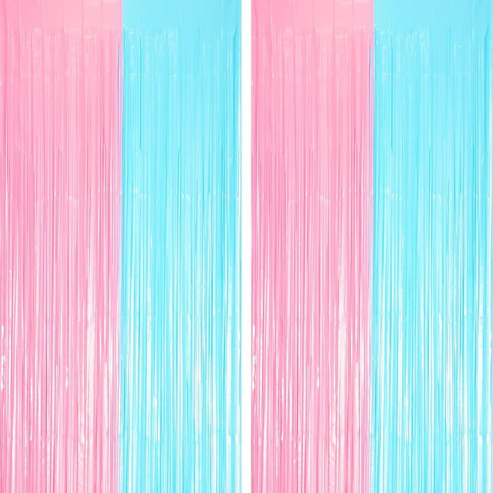 2 Pack Pastel Blue and Pink Foil Fringe Backdrop Curtains, Tinsel Streamers Party Decorations, Fr... | Amazon (US)