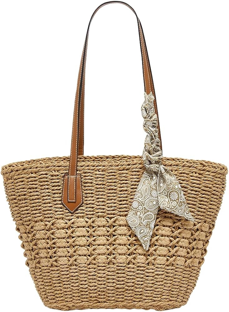 Straw Tote Bag for Women, Large Capacity Summer Beach Shoulder Handbag, Lightweight Woven Purse f... | Amazon (US)